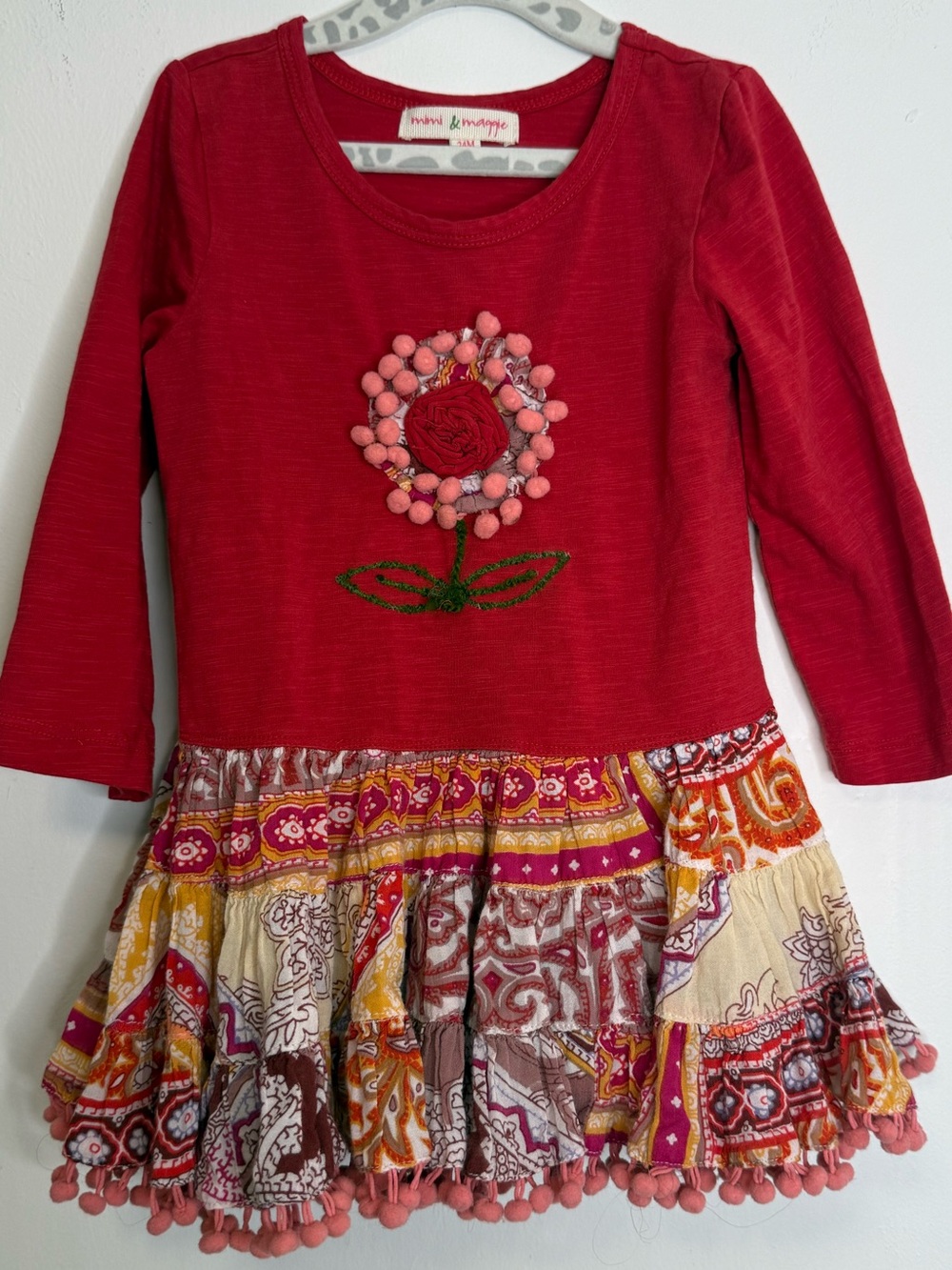 Mimi & Maggie 24M Boho Patchwork Dress Pom Pom Trim Floral Applique
